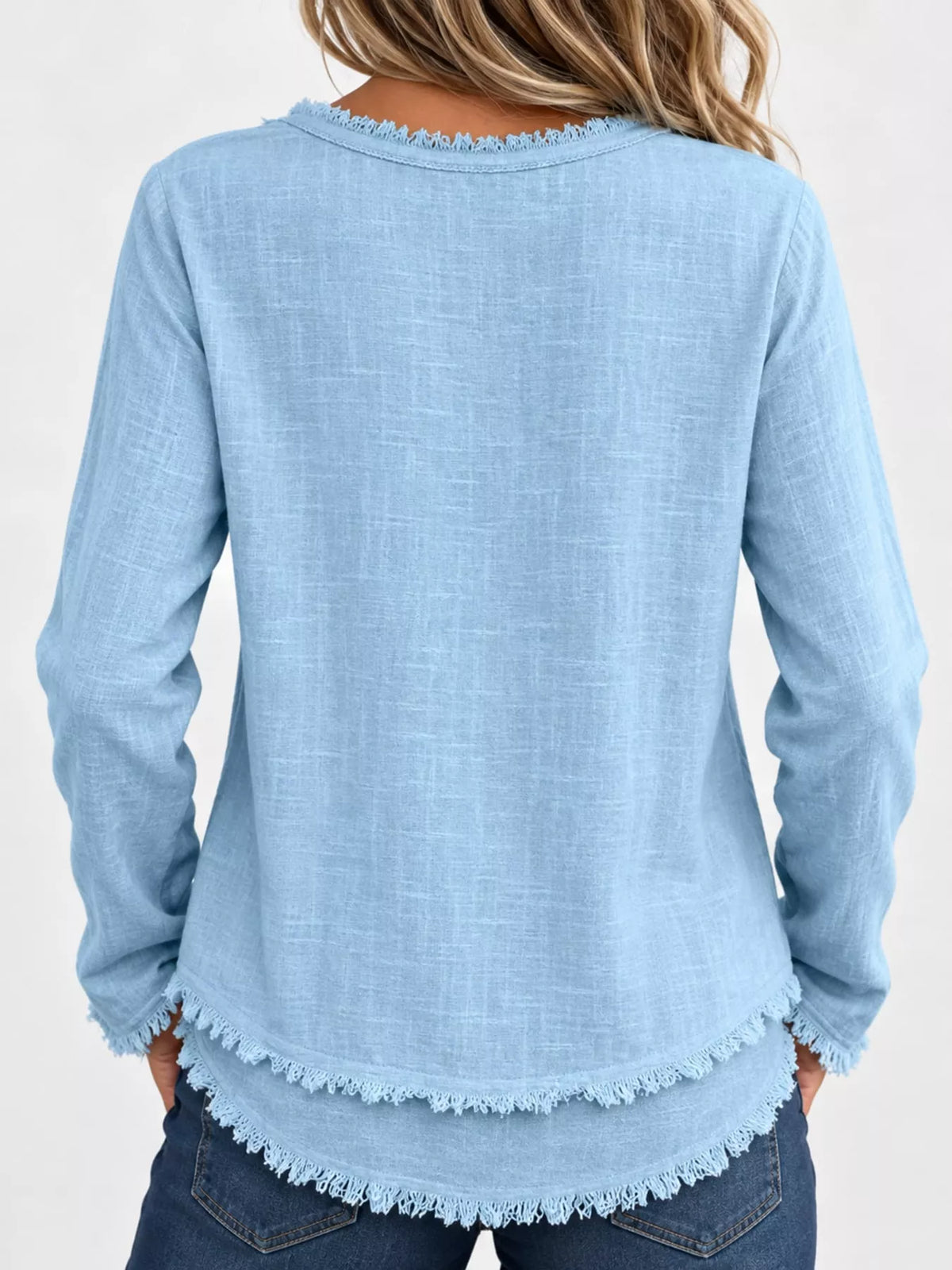 Frayed V-neck blouse, light blue back