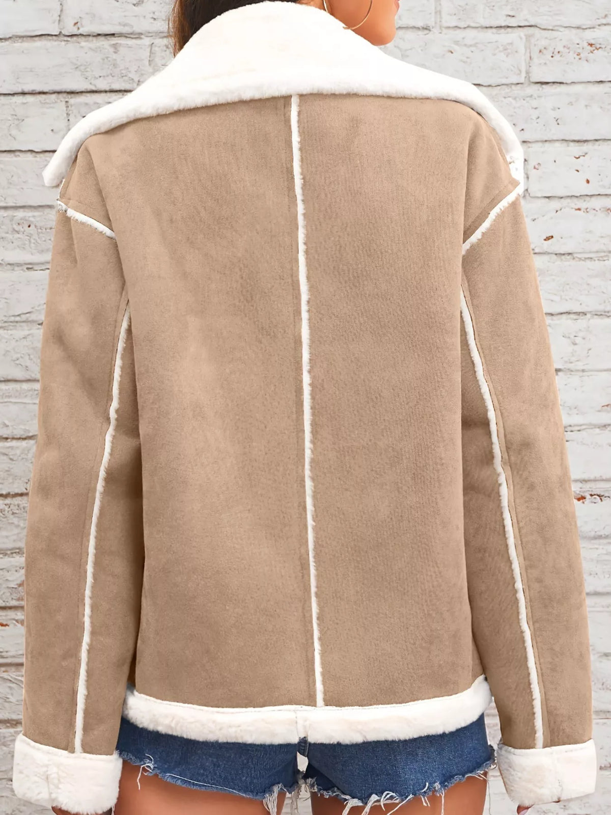 Tan plush-lined button-front jacket — back view