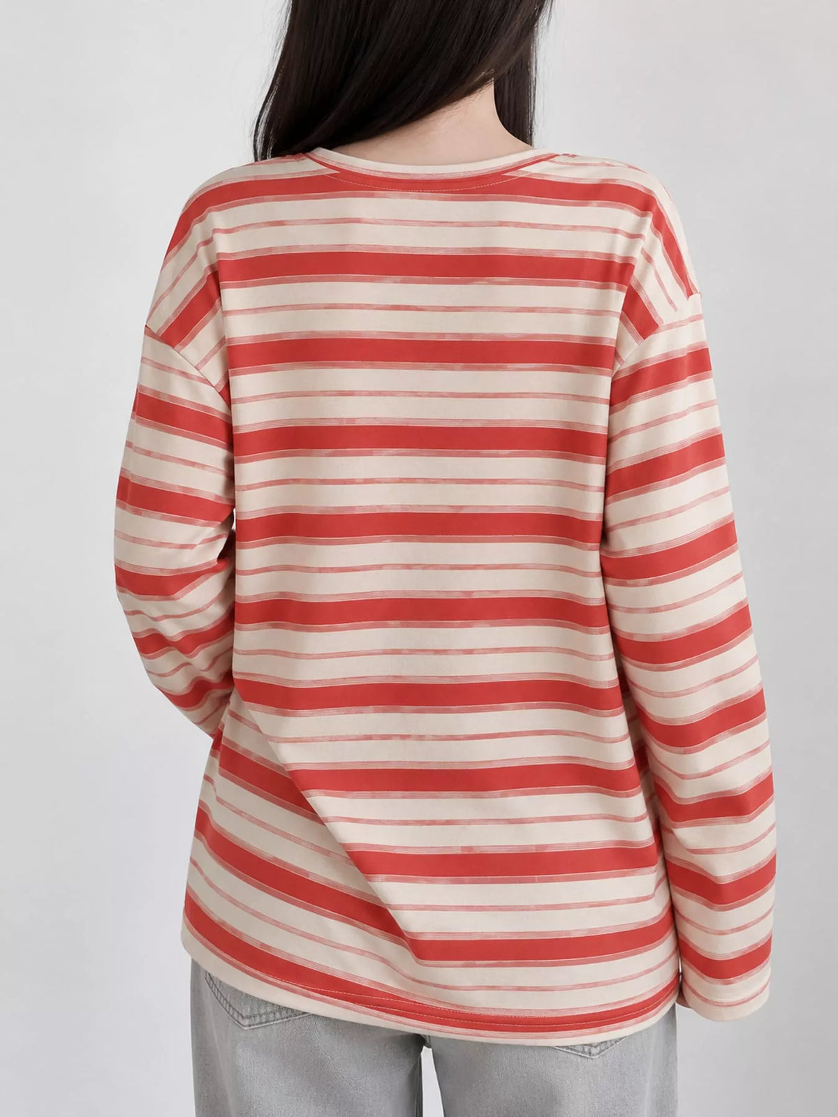 Red and cream striped oversized T-shirt, back view