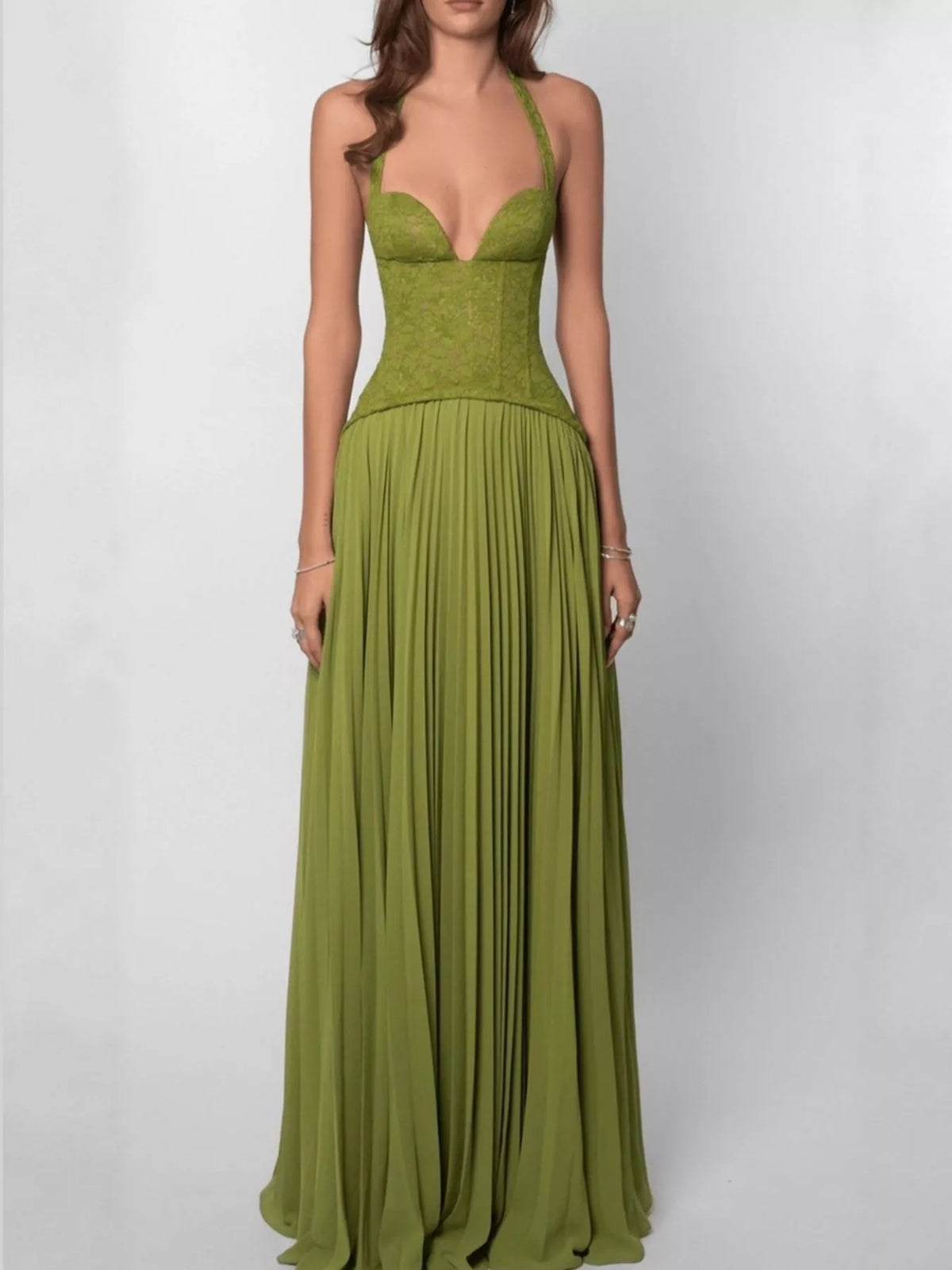 Lace Halter Neck Pleated Maxi Dress — front view