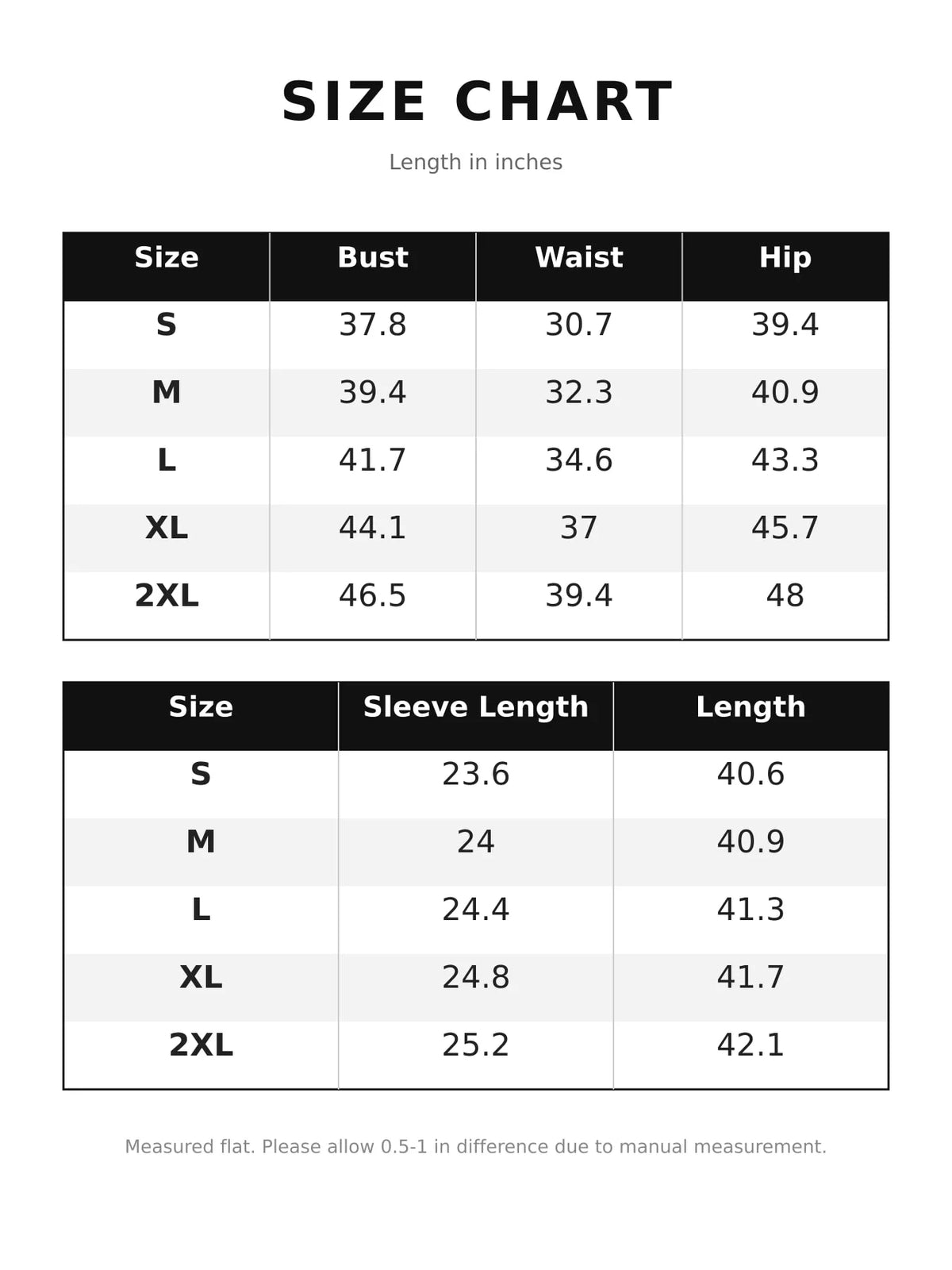 Size chart for velvet zip-up longline jacket