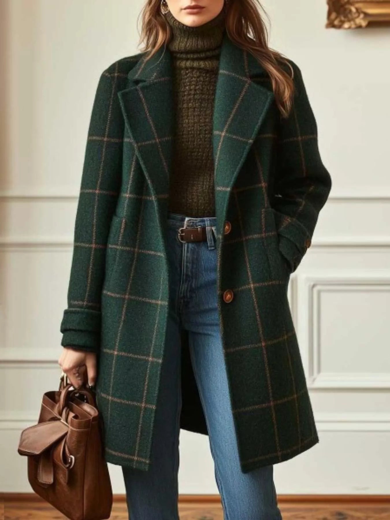 Trendsi Full Size Plaid Lapel Collar Longline Single-Breasted Overcoat Plus Size -