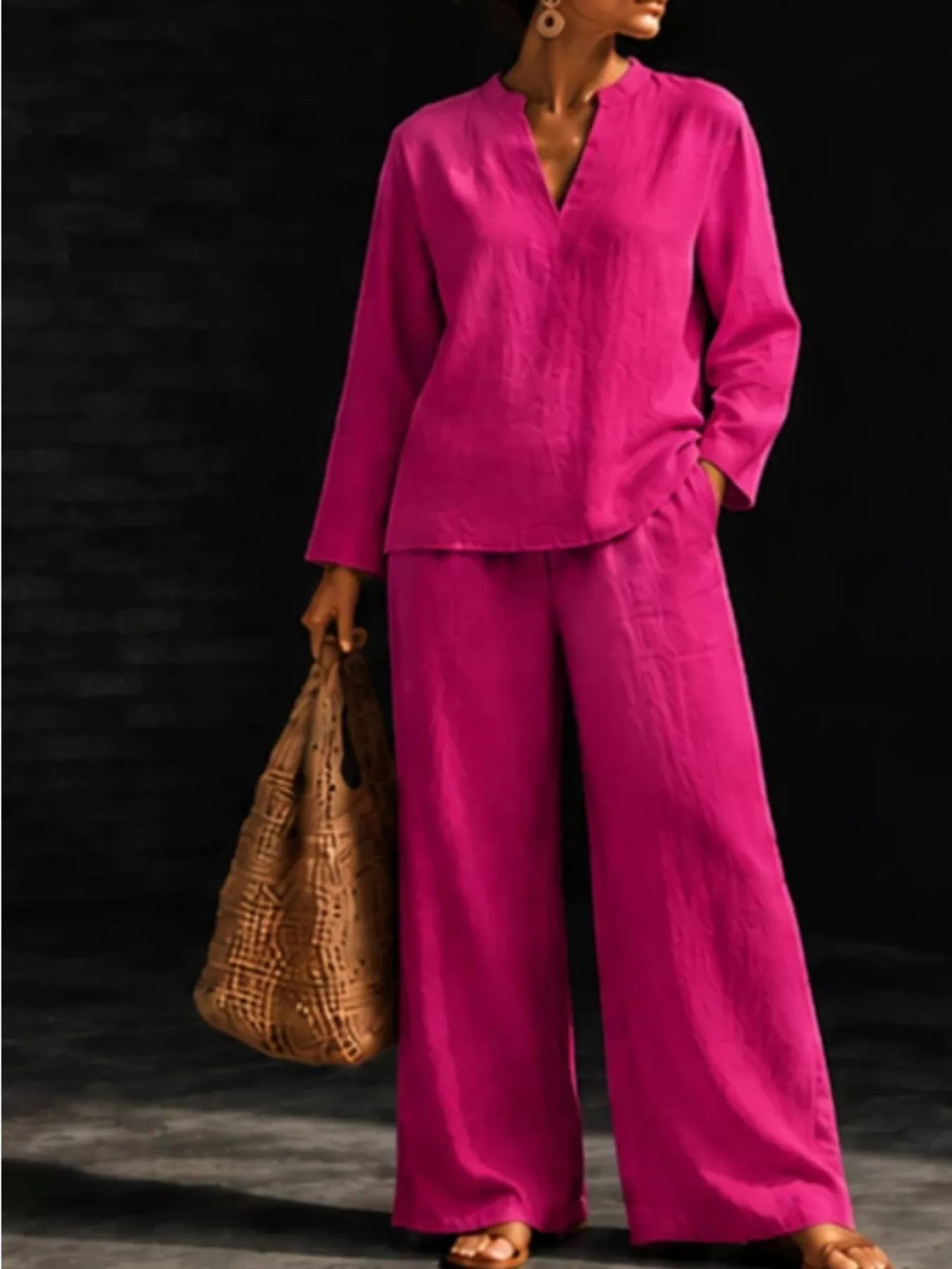 Trendsi Notched Long Sleeve Top and Pants Set -