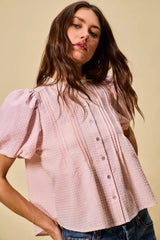 Trendsi SO ME Gingham Lace Trim Button Bubble Sleeves Blouse -