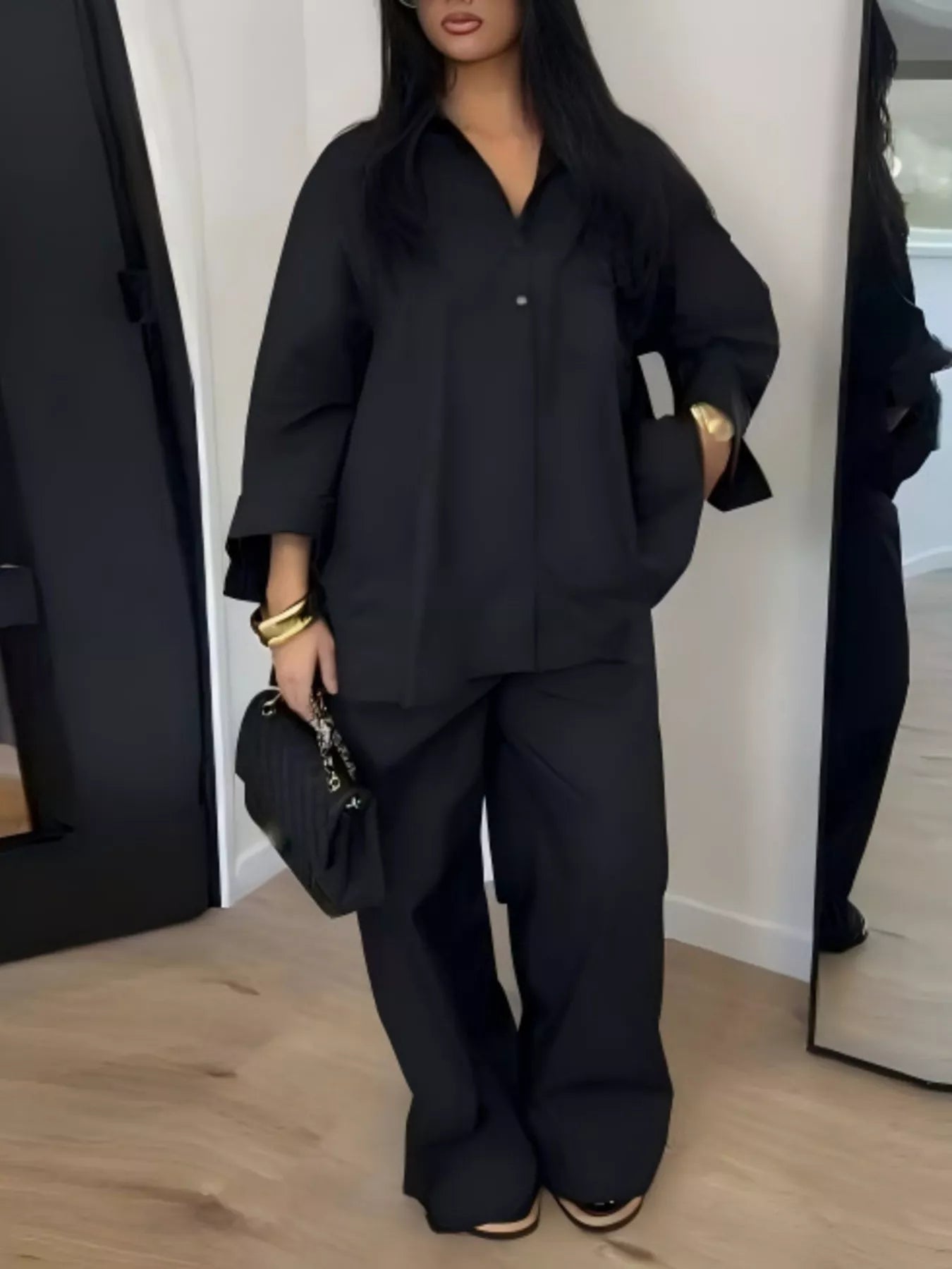 Trendsi Button-Down Shirt and Wide-Leg Pants Two-Piece Set -