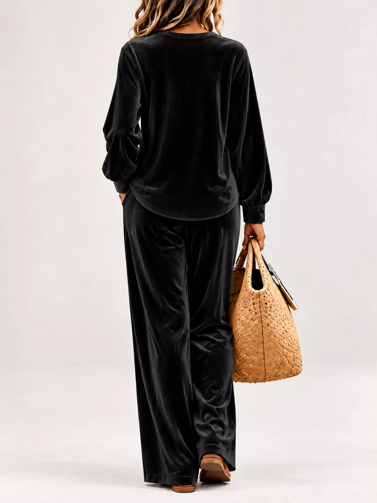Black decorative button top and pants set — back view