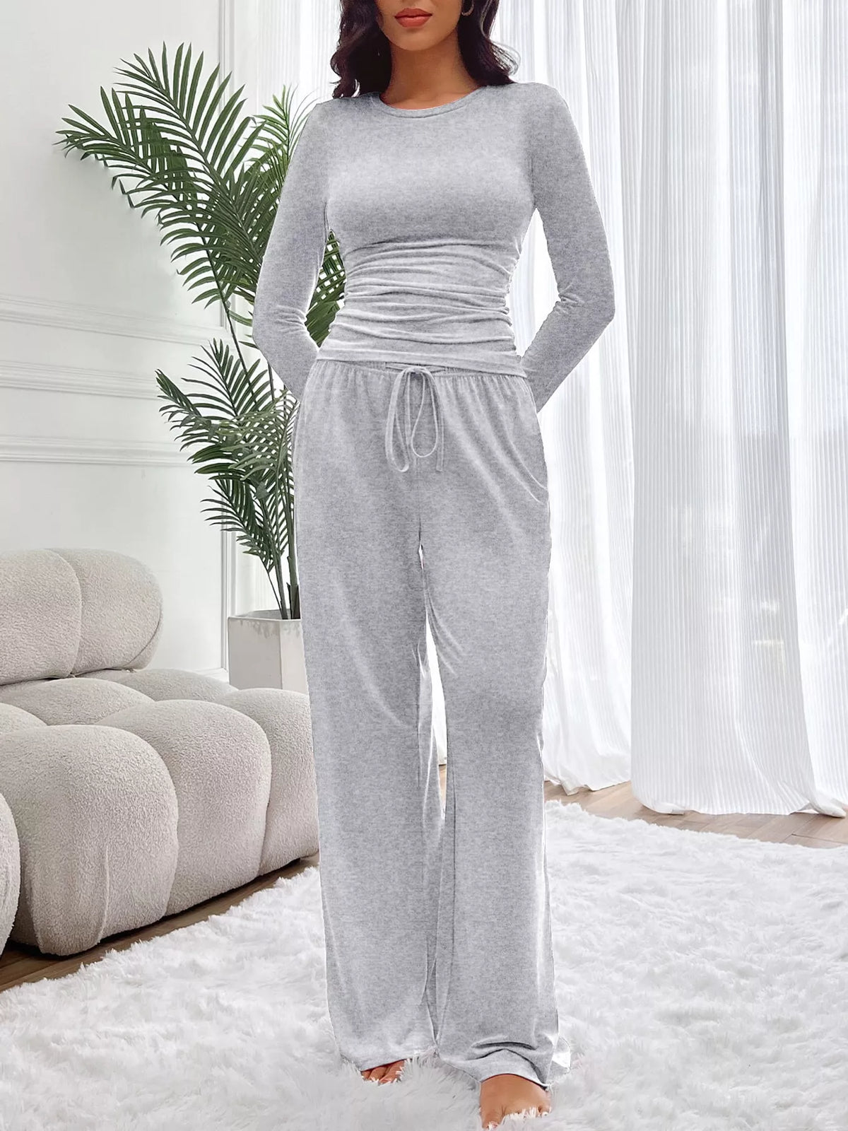 Light gray wide-leg top and pants set
