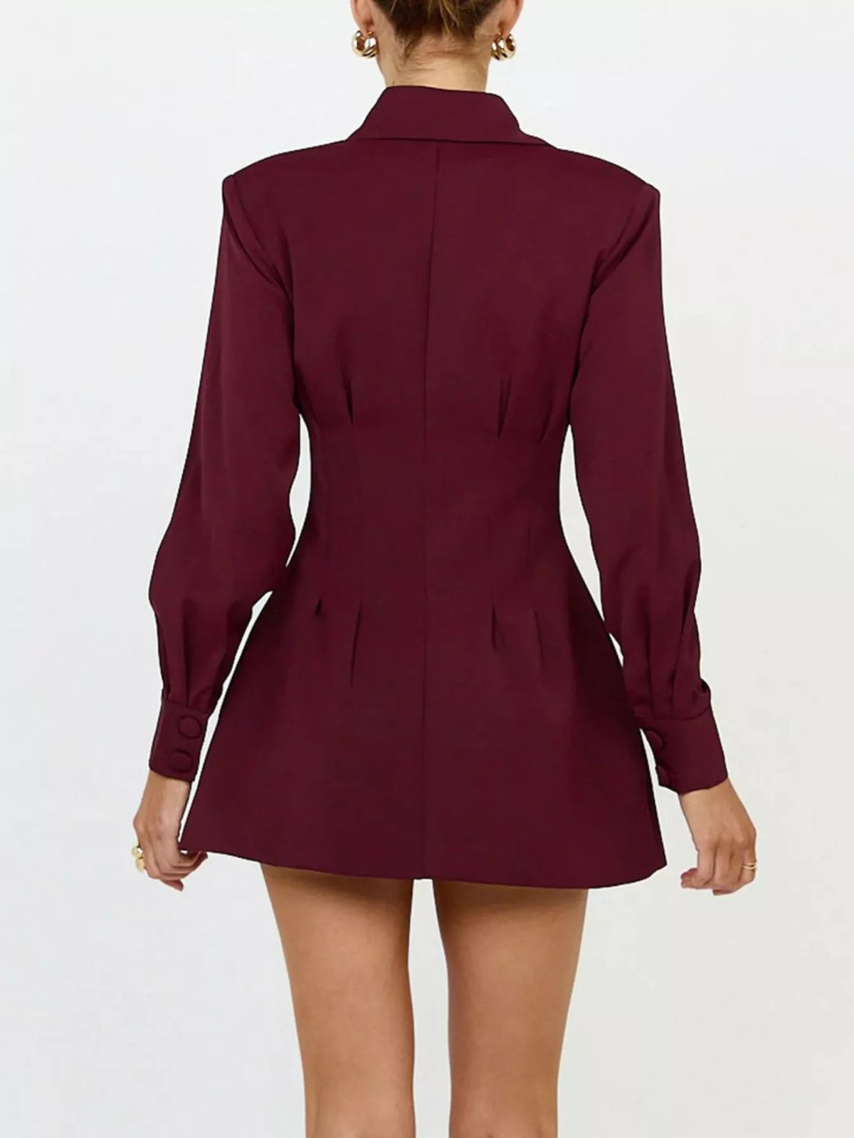 Corset-style mini blazer dress — burgundy back view.