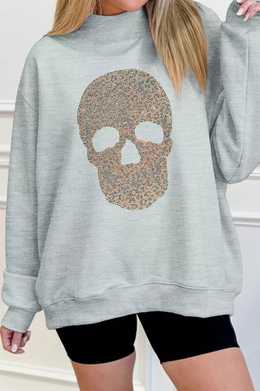 Trendsi Halloween Rhinestone Skull Graphic Mock Neck Baggy Pullover Sweatshirt -
