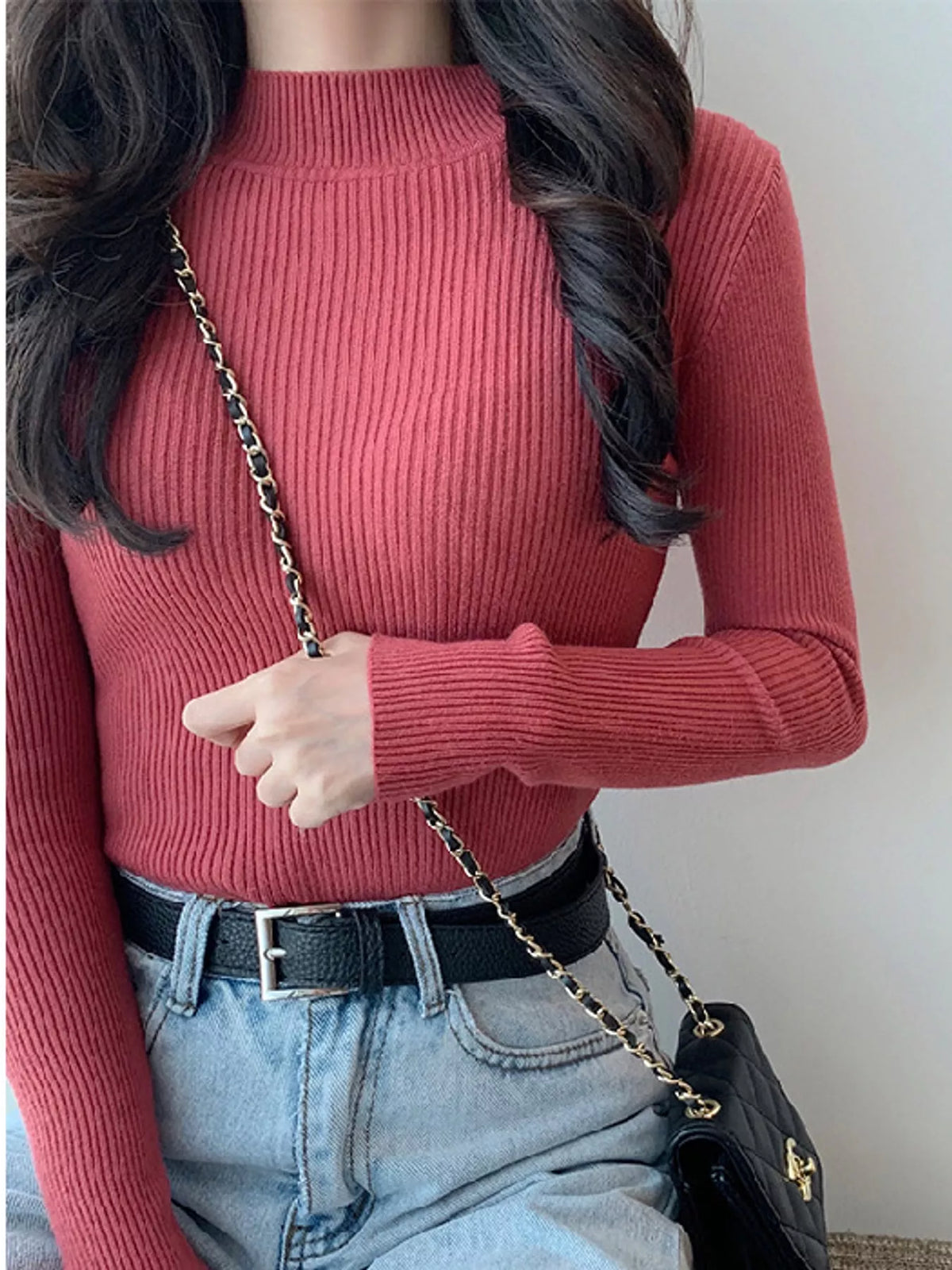 Rose ribbed mock neck long sleeve knit top