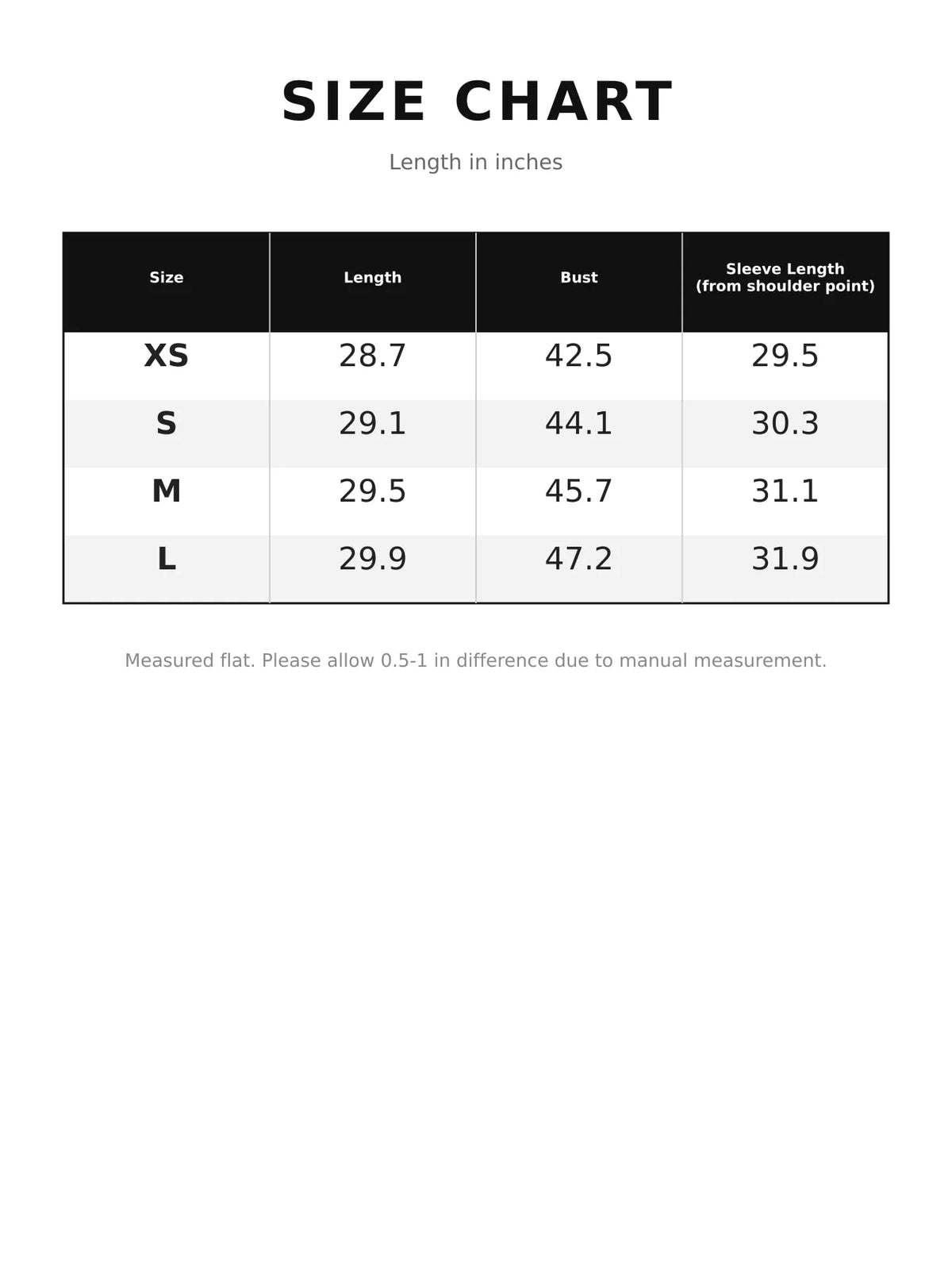 Collared long sleeve jacket, size and measurement chart