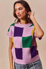 Trendsi SO ME Mardi Gras Check Plaid Casual Sweater Top -