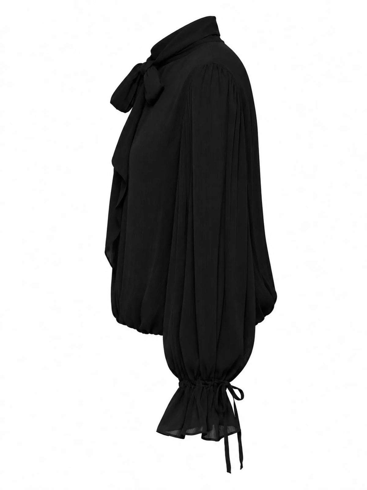 Black bow-tie neck flounce sleeve blouse