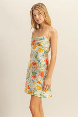Trendsi HYFVE Floral Cowl Neck Flirty Satin Mini Dress - Dresses