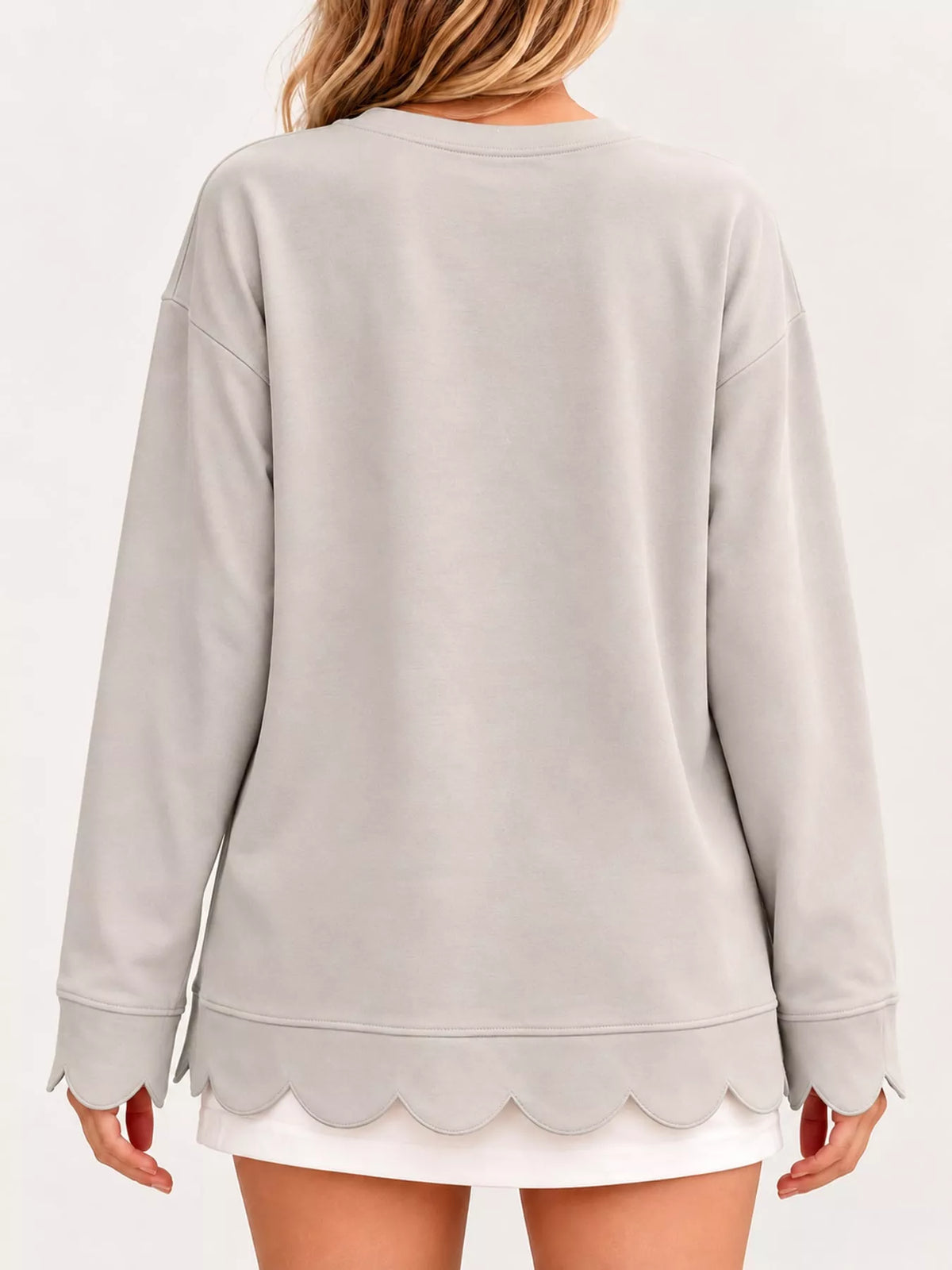 Gray Apricot scalloped hem crewneck sweatshirt, back view