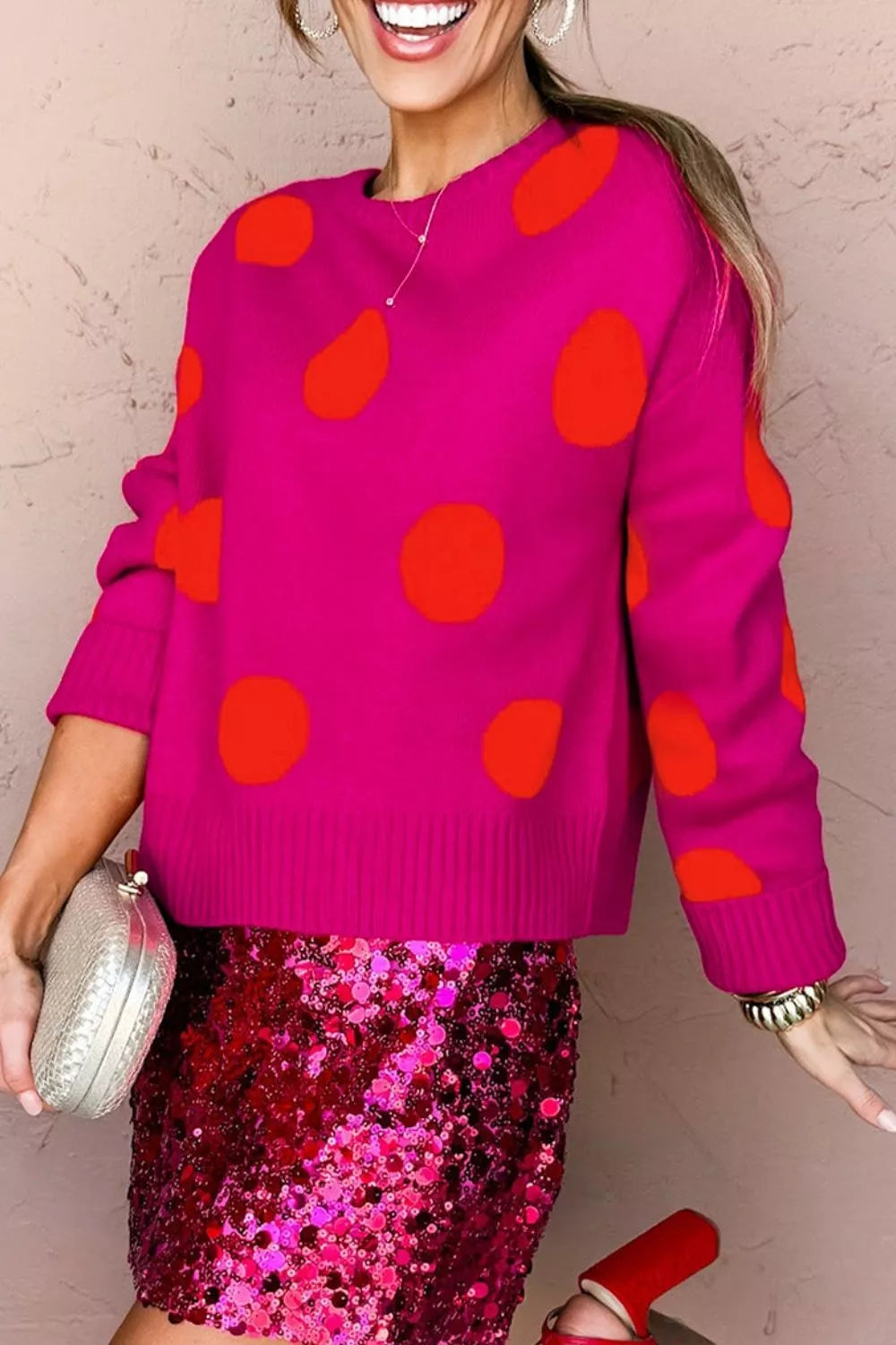 Trendsi Polka Dot Round Neck Sweater -
