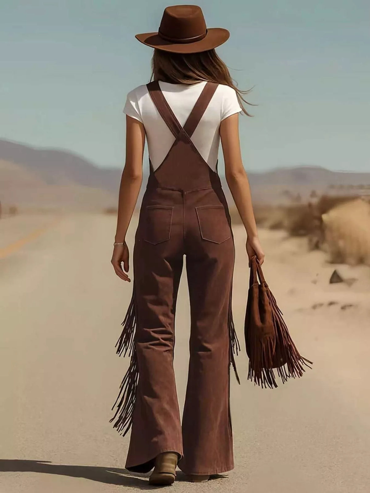 Fringe detail flare leg overalls