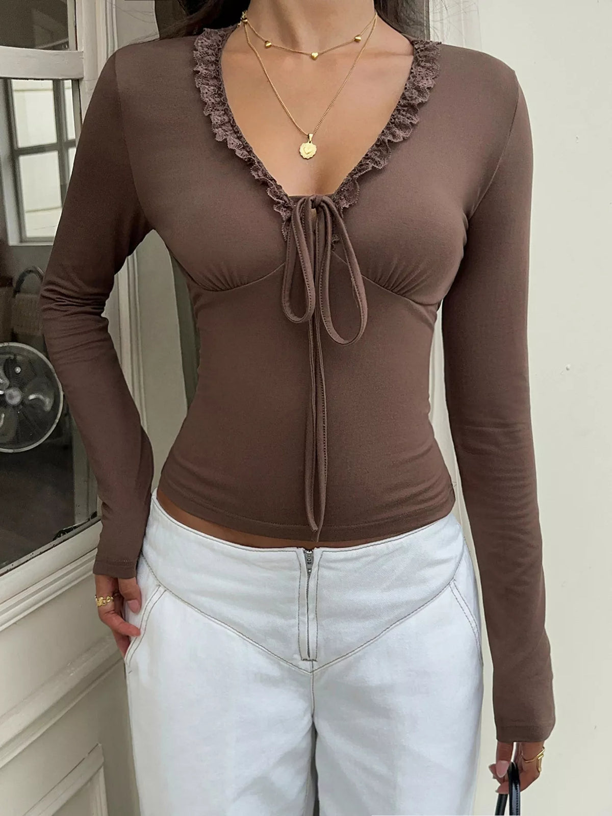Lace-trimmed v-neck long sleeve t-shirt