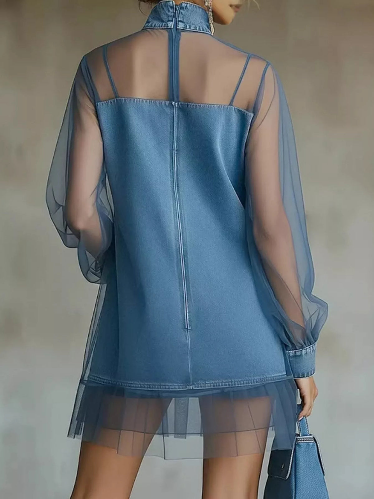 Women's Mock Neck Sheer Mesh Patchwork Denim Dress in blue — back view