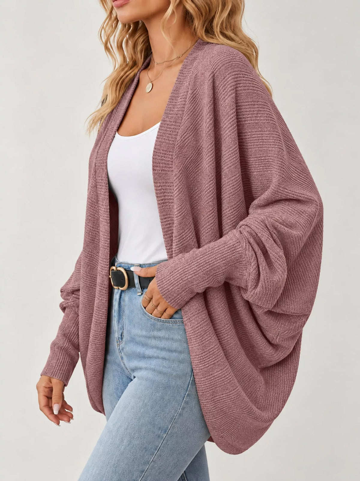 Pink open-front batwing sleeve cardigan