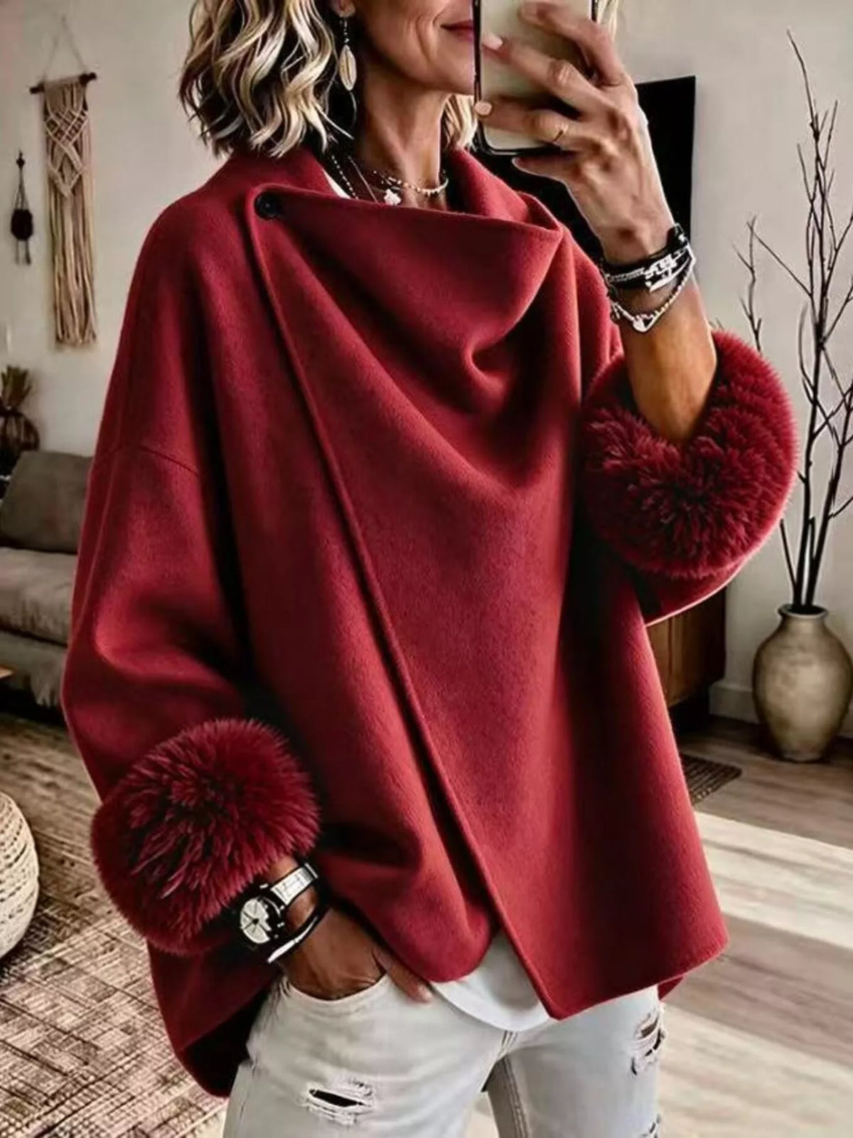 Asymmetric Buttoned Jacket with Faux Fur Cuffs, front view