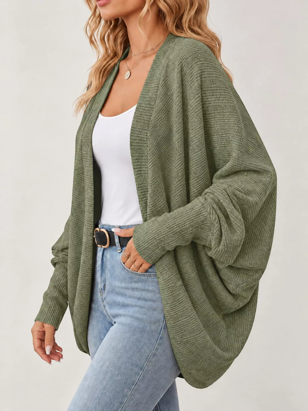 Army Green open-front batwing sleeve cardigan