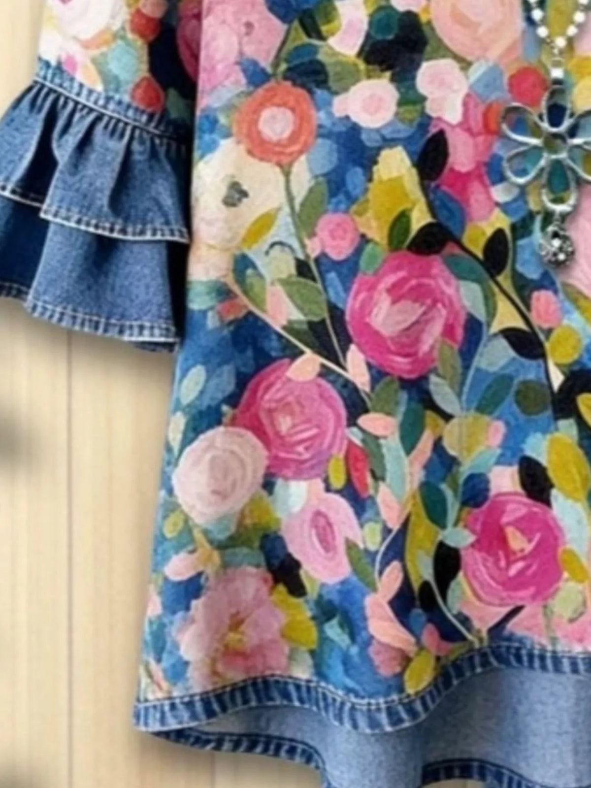 Women's Floral Print Ruffle Trim Denim Top in Floral, back view
