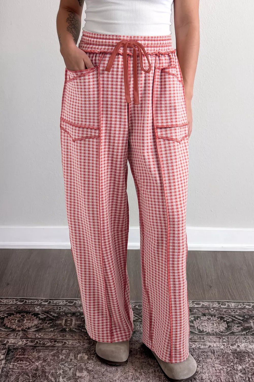 Trendsi Gingham High-Waisted Drawstring Wide-Leg Pants -