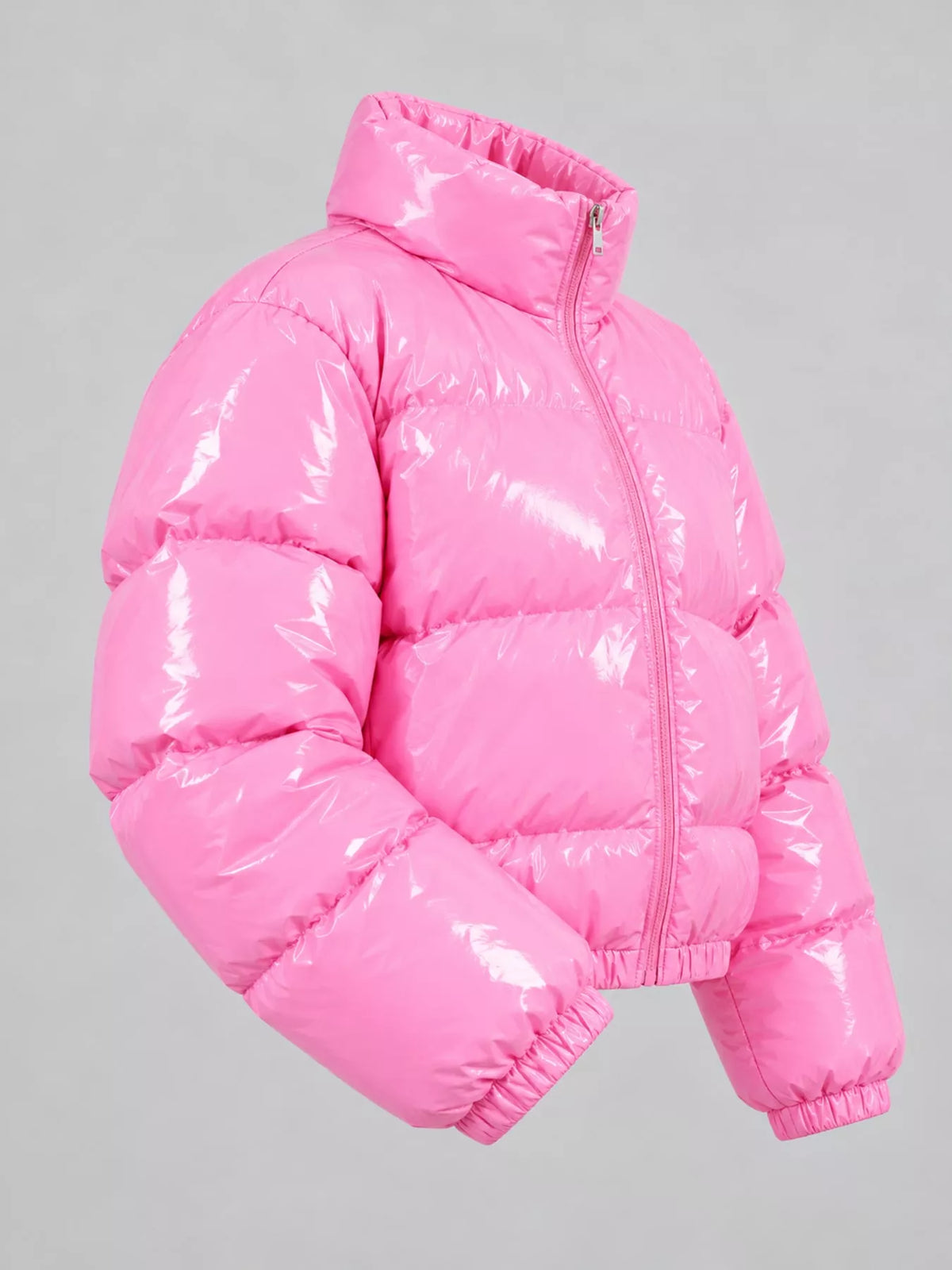 Glossy Stand-Collar Zip-Up Puffer Jacket — side view