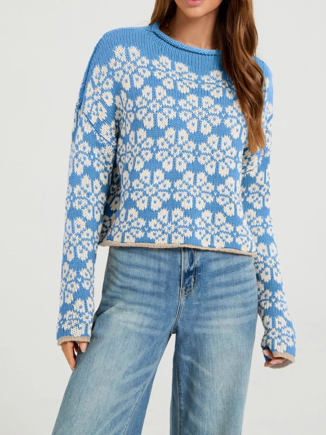 Trendsi Floral Contrast Trim Dropped Shoulder Sweater -