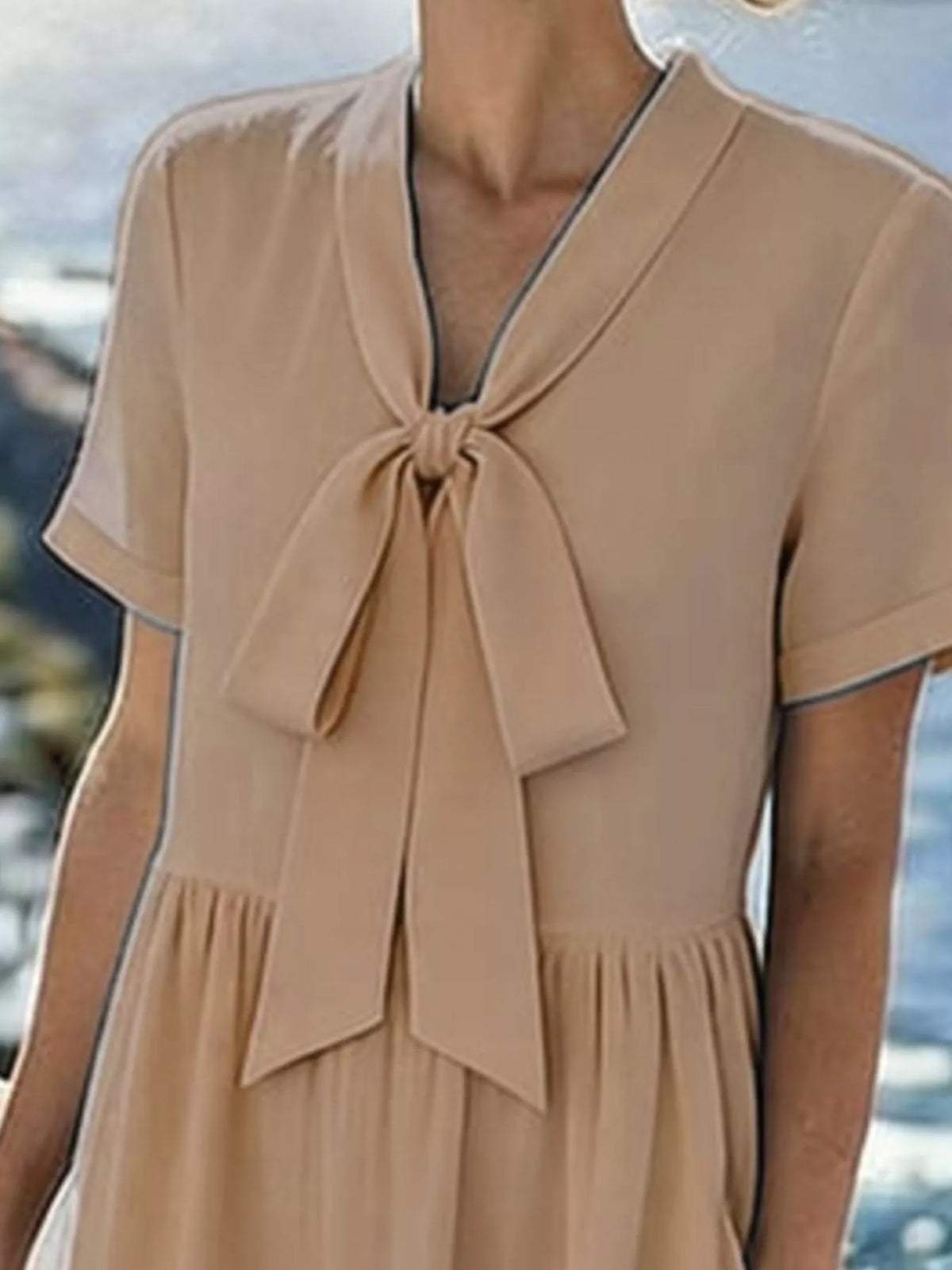 Women's Bow-Tie Short Sleeve Midi Dress in Camel, alternate view