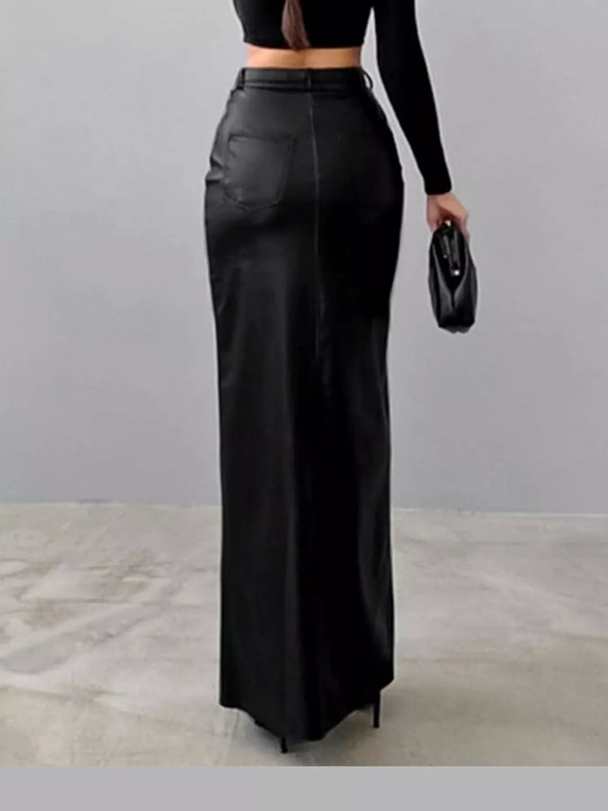 High-Waisted Faux Leather Maxi Skirt with Front Slit — back view