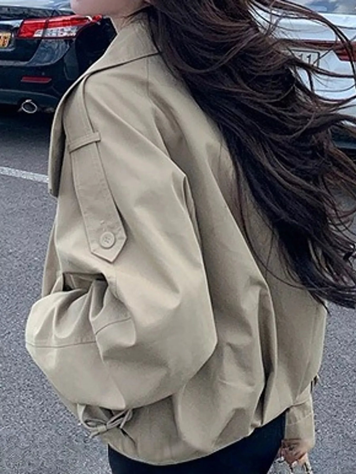 Beige double-breasted cropped trench jacket, shoulder tab detail
