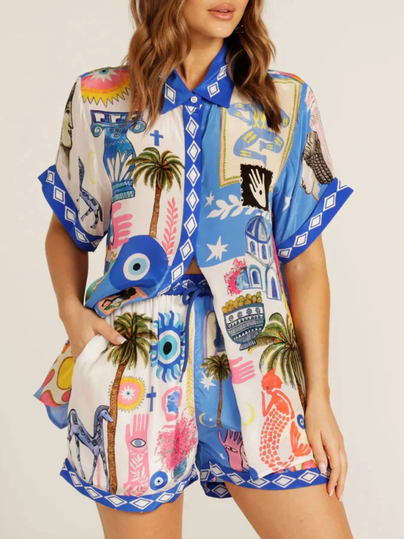 Trendsi Printed Button-Down Shirt and Shorts Set -