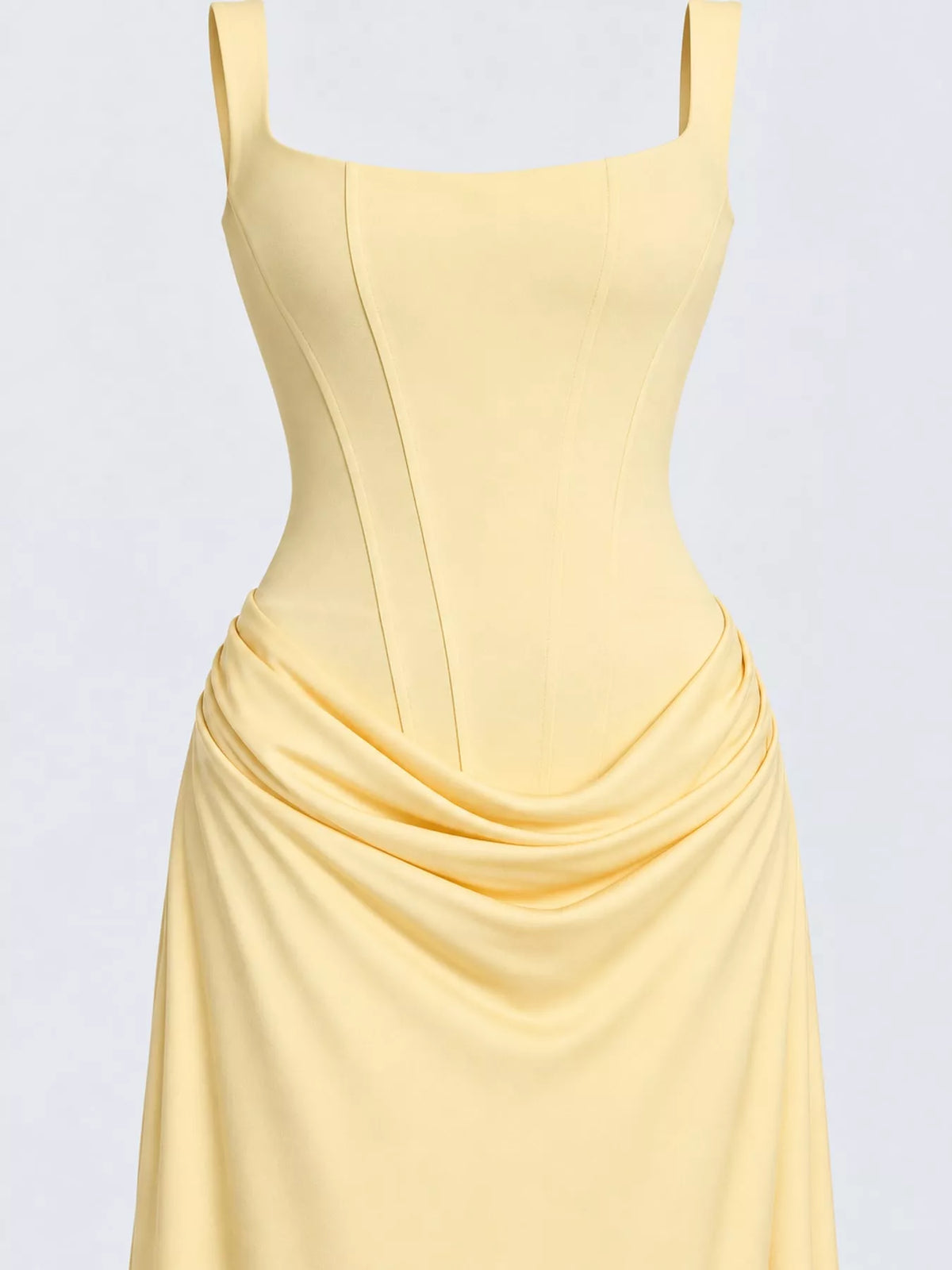 Square neck sleeveless maxi dress, construction and design details