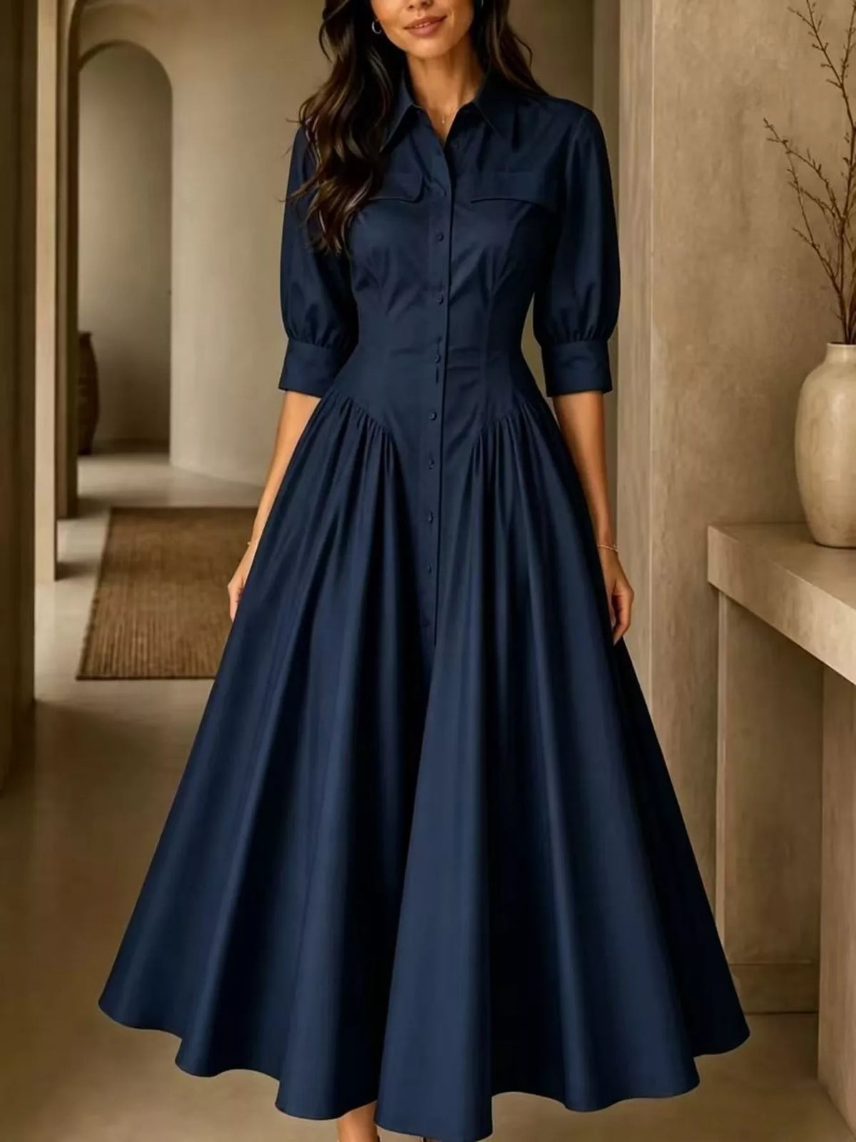 Button-Down Shirt Dress with Cinched Waist, front view