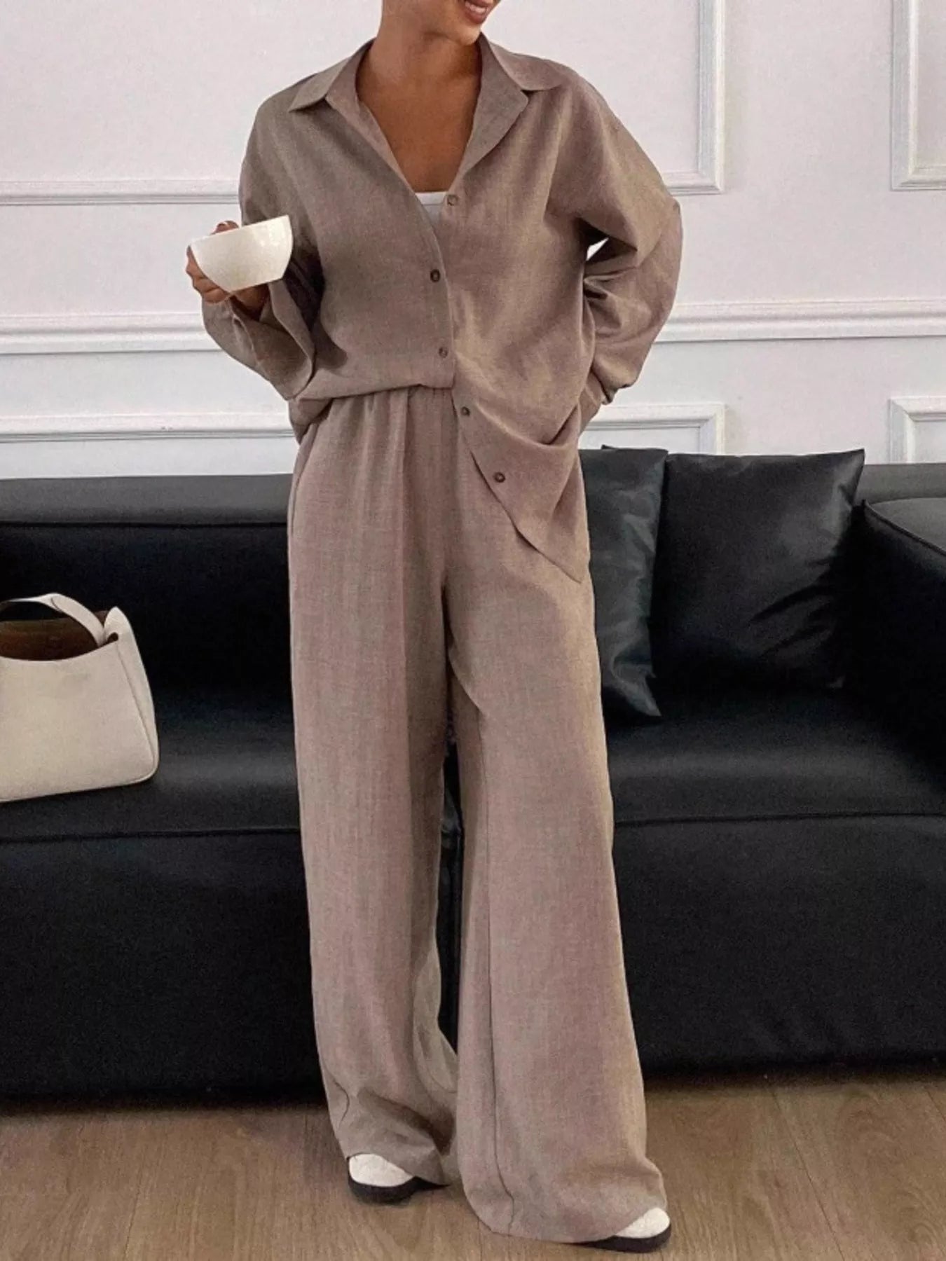 Trendsi Button Up Long Sleeve Shirt and Wide Leg Pants Set -