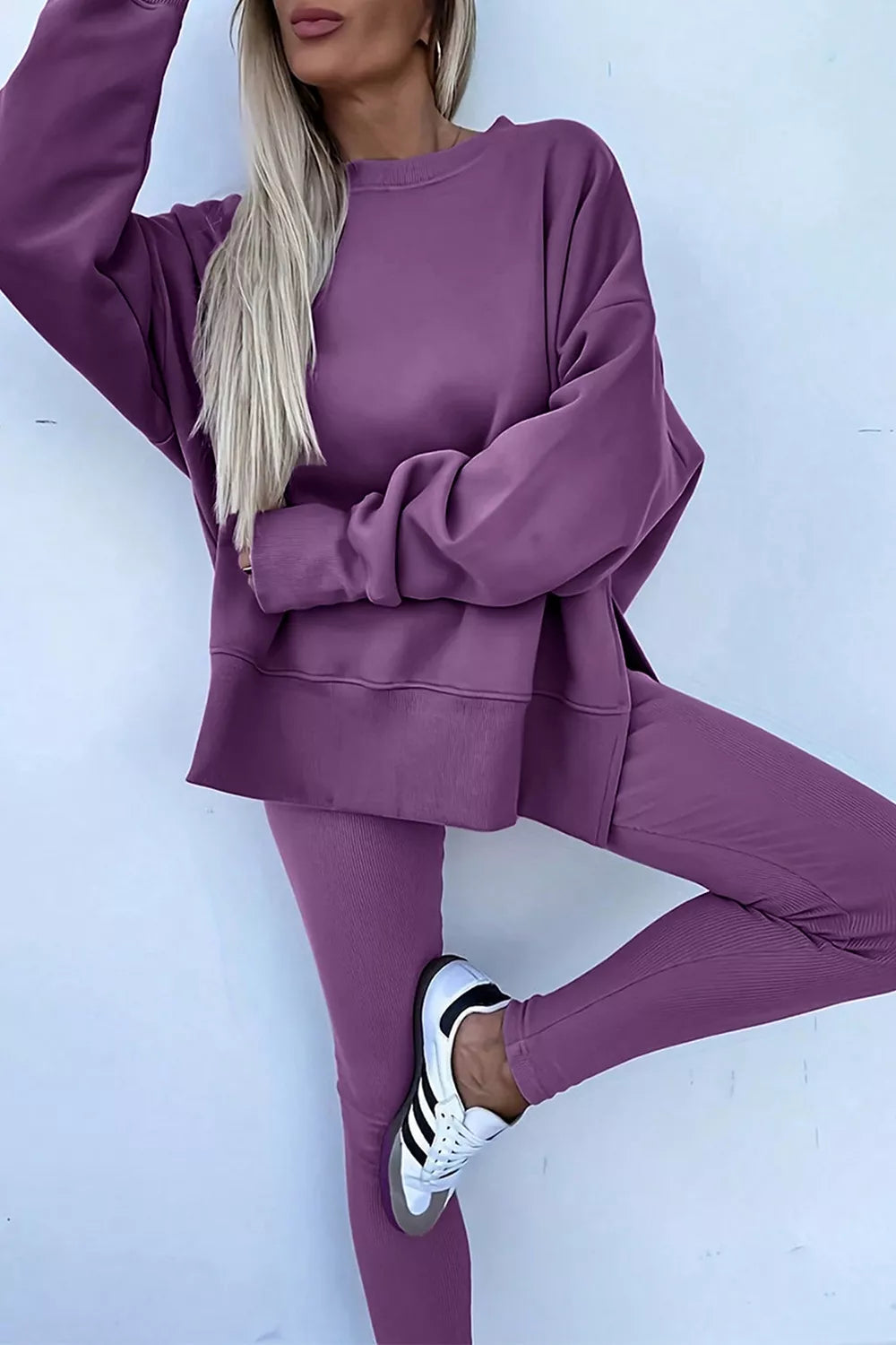 Trendsi Side Slit Long Sleeve Sweatshirt and Pants Set -