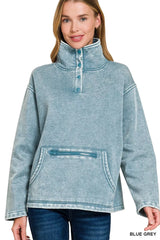 Trendsi Zenana Fleece Washed High Neck Kangaroo Pocket Sweatshirt -