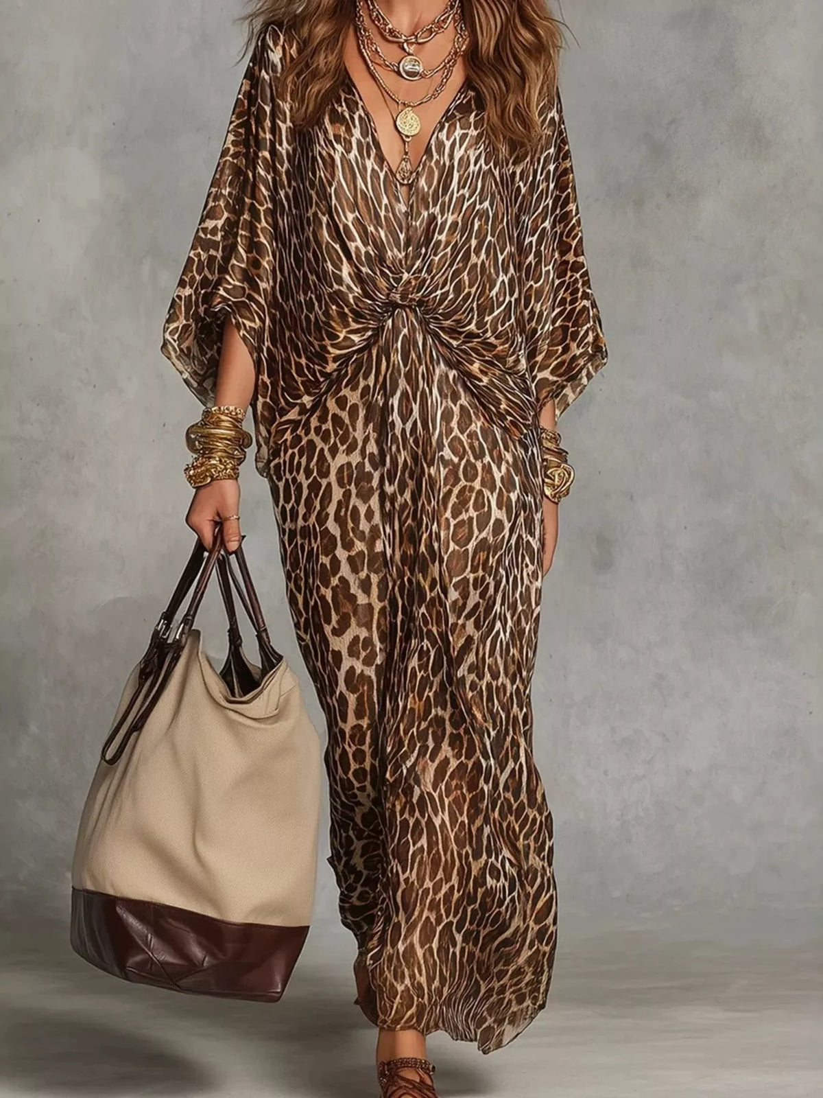 Brown Leopard Print Twisted V-Neck Maxi Dress twisted-front detail