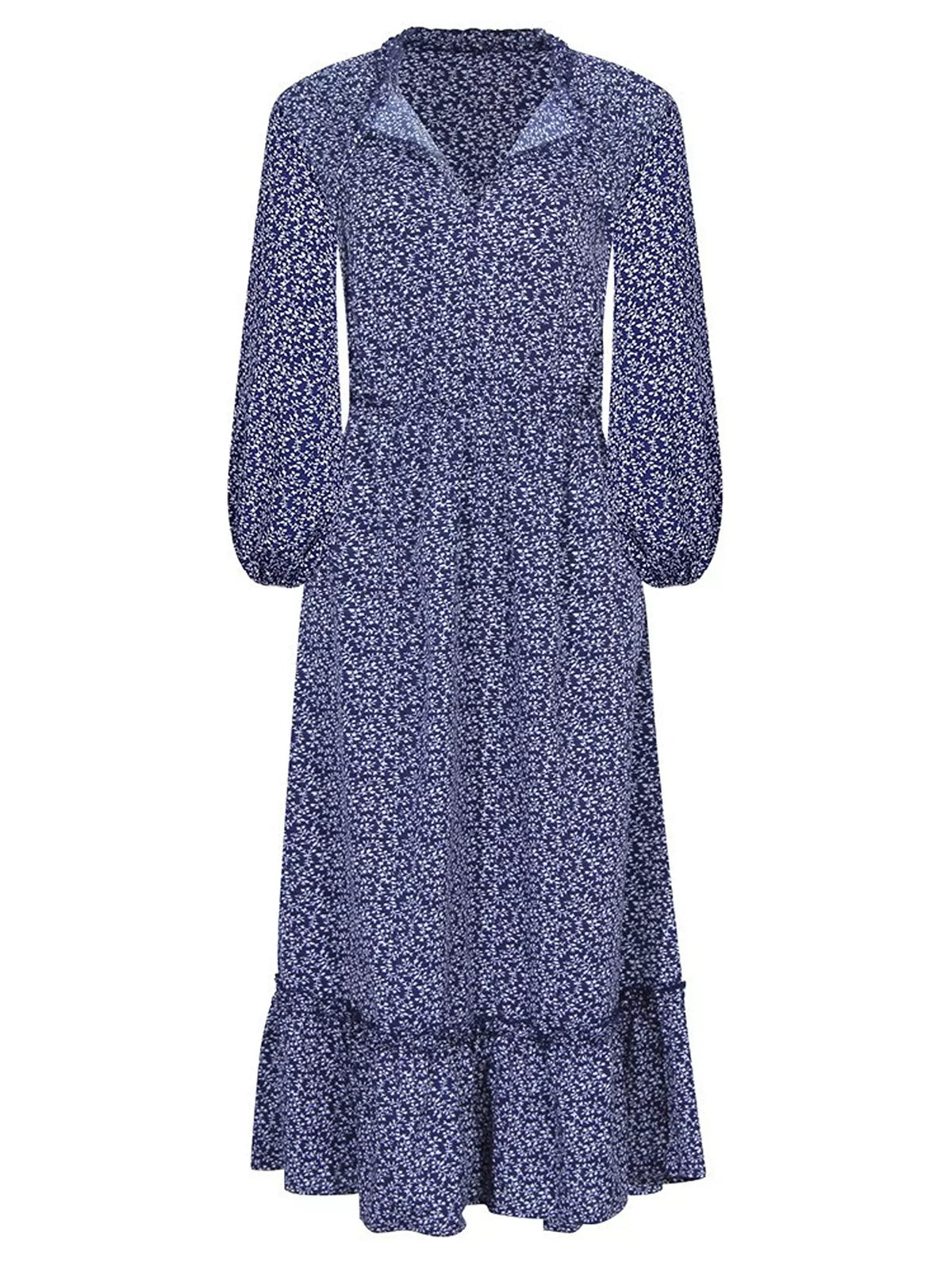 Women's Floral Print Long-Sleeve Ruffle Hem Midi Dress in Royal Blue, full-length view