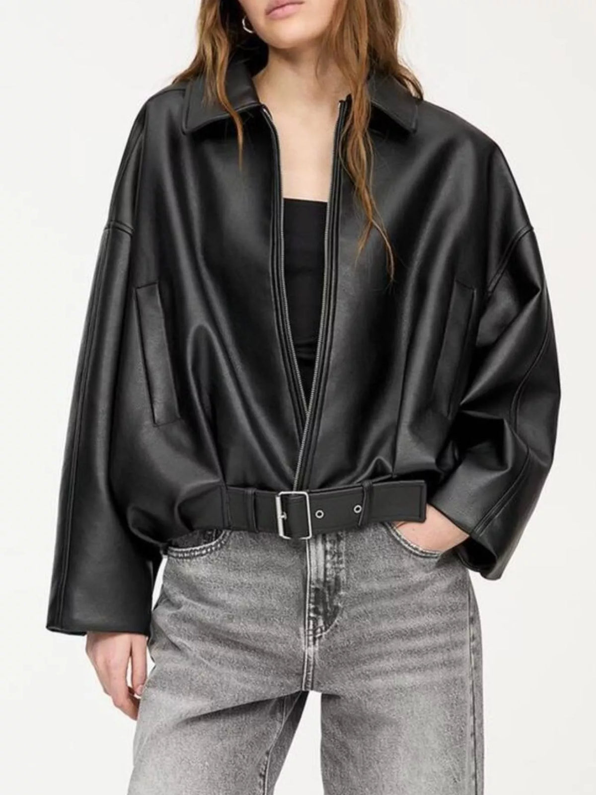 Trendsi Faux Leather Zip Up Jacket -