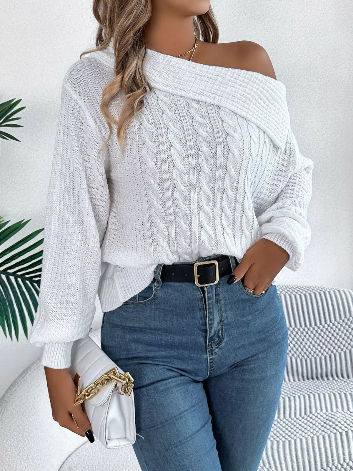 One Shoulder Cable Knit Sweater in white, front view