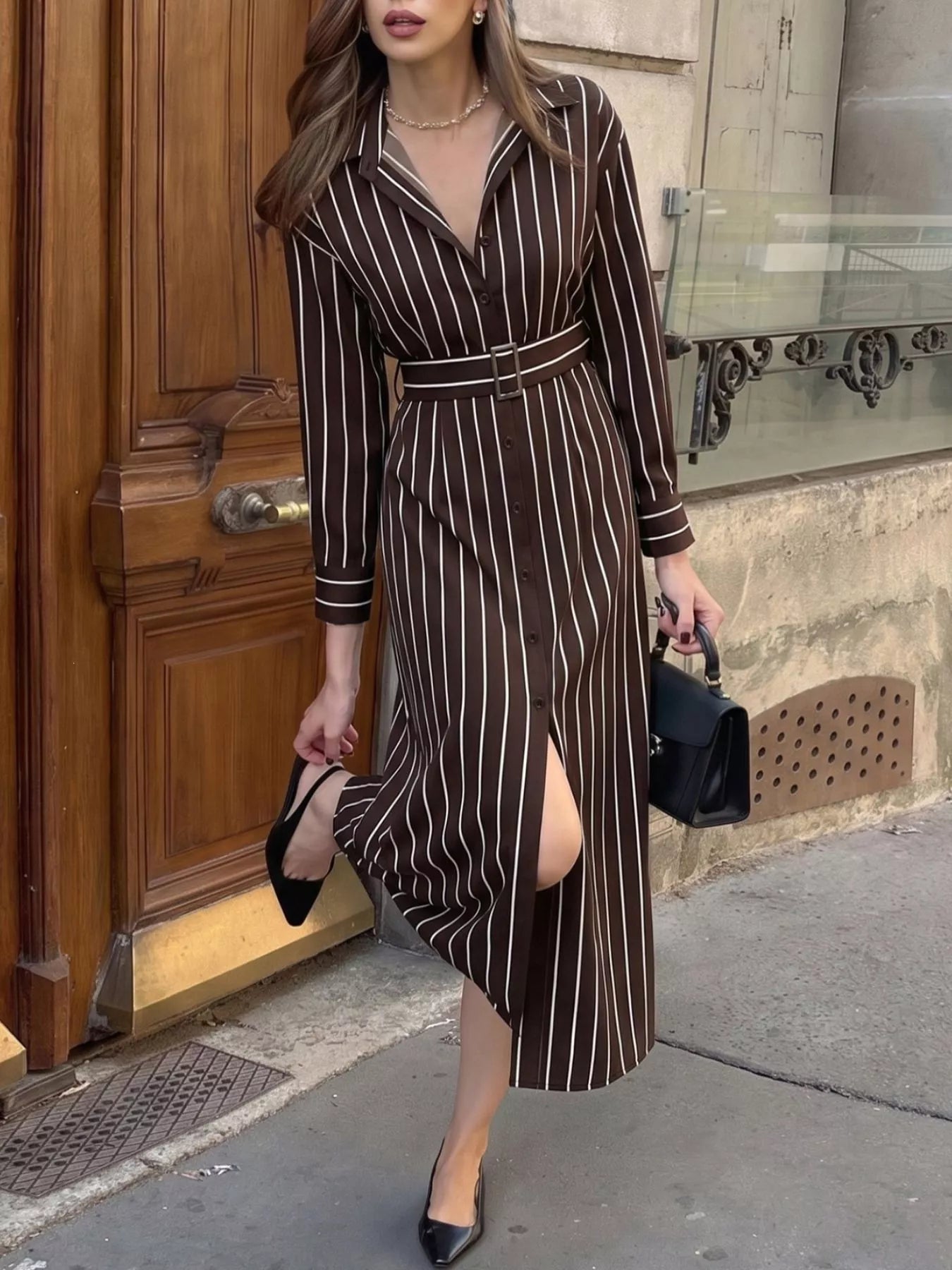 Trendsi Striped Long Sleeve Belted Shirt Dress -