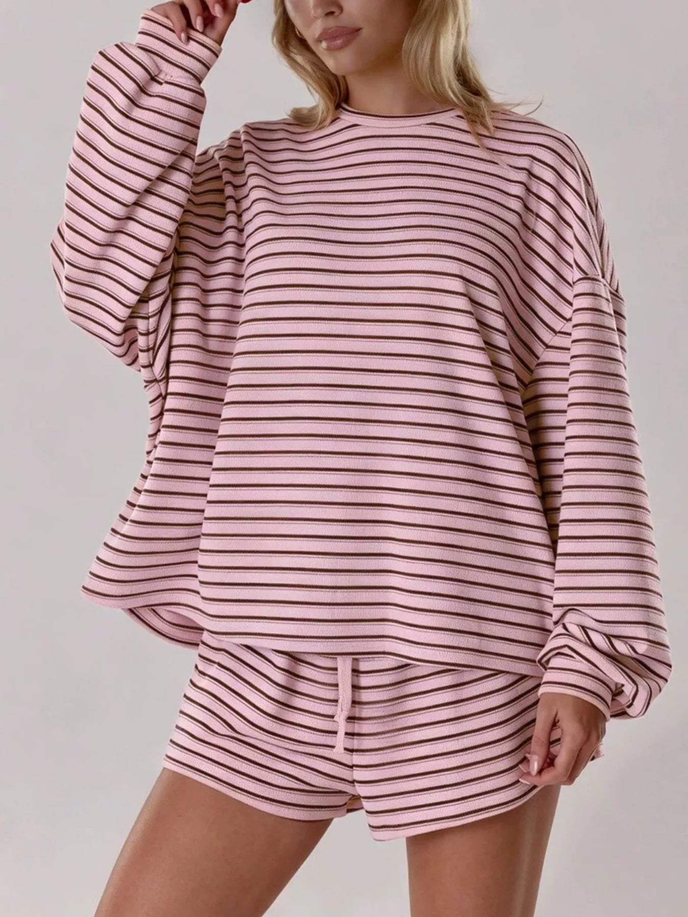 Trendsi Casual Striped Long-Sleeve Top and Shorts Set -