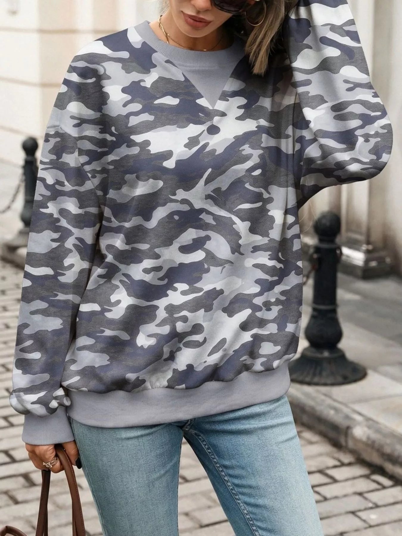 Trendsi Leaf Print Sweatshirt with Contrasting Trim -
