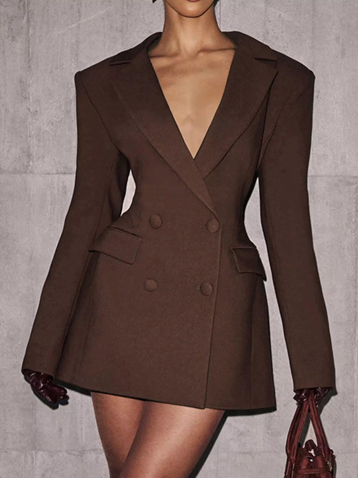 Brown double-breasted blazer dress — front view