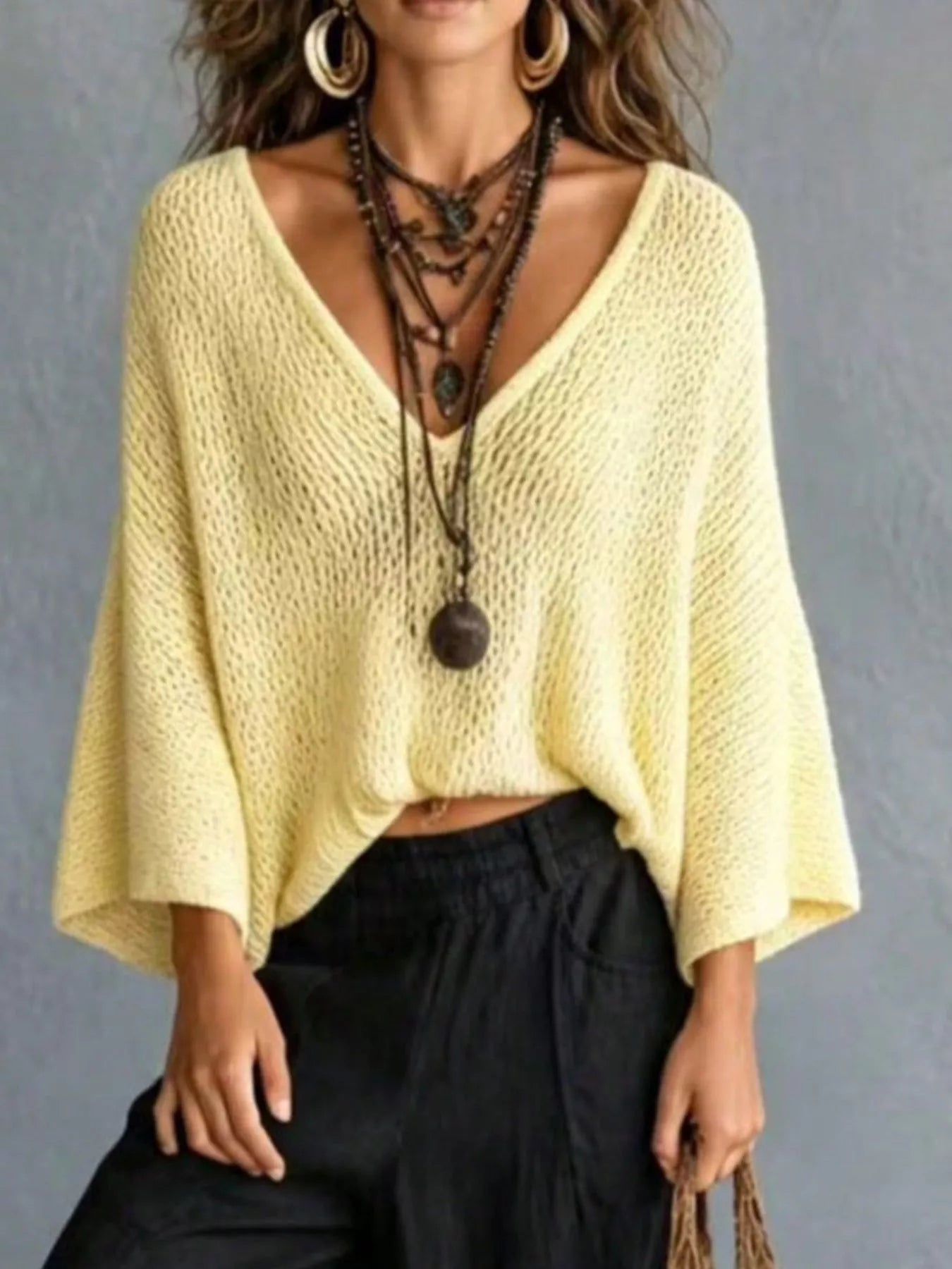 Trendsi V-Neck Batwing Sleeve Sweater -