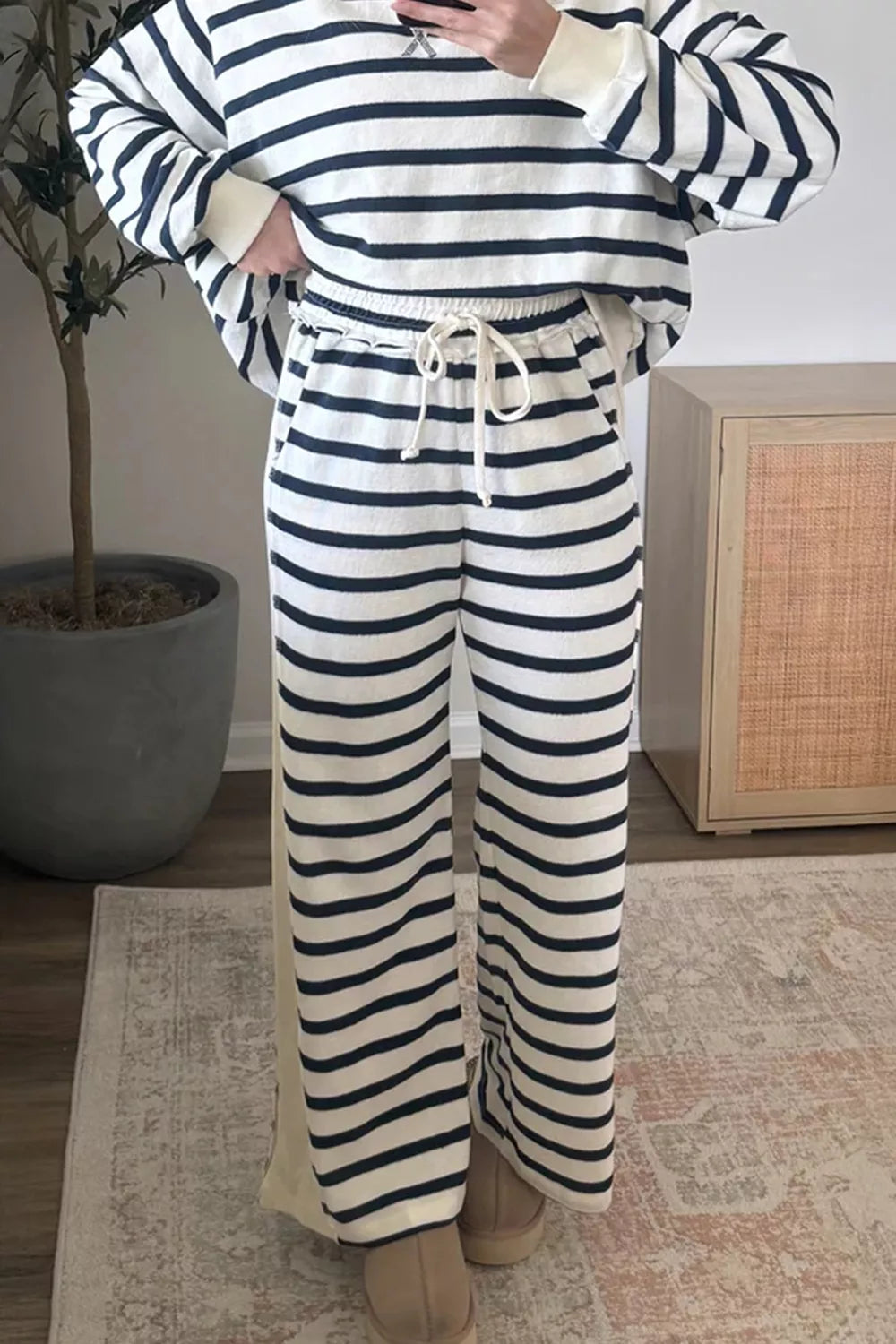 Women's Striped Long Sleeve Top and Wide-Leg Pants Set in White, back view