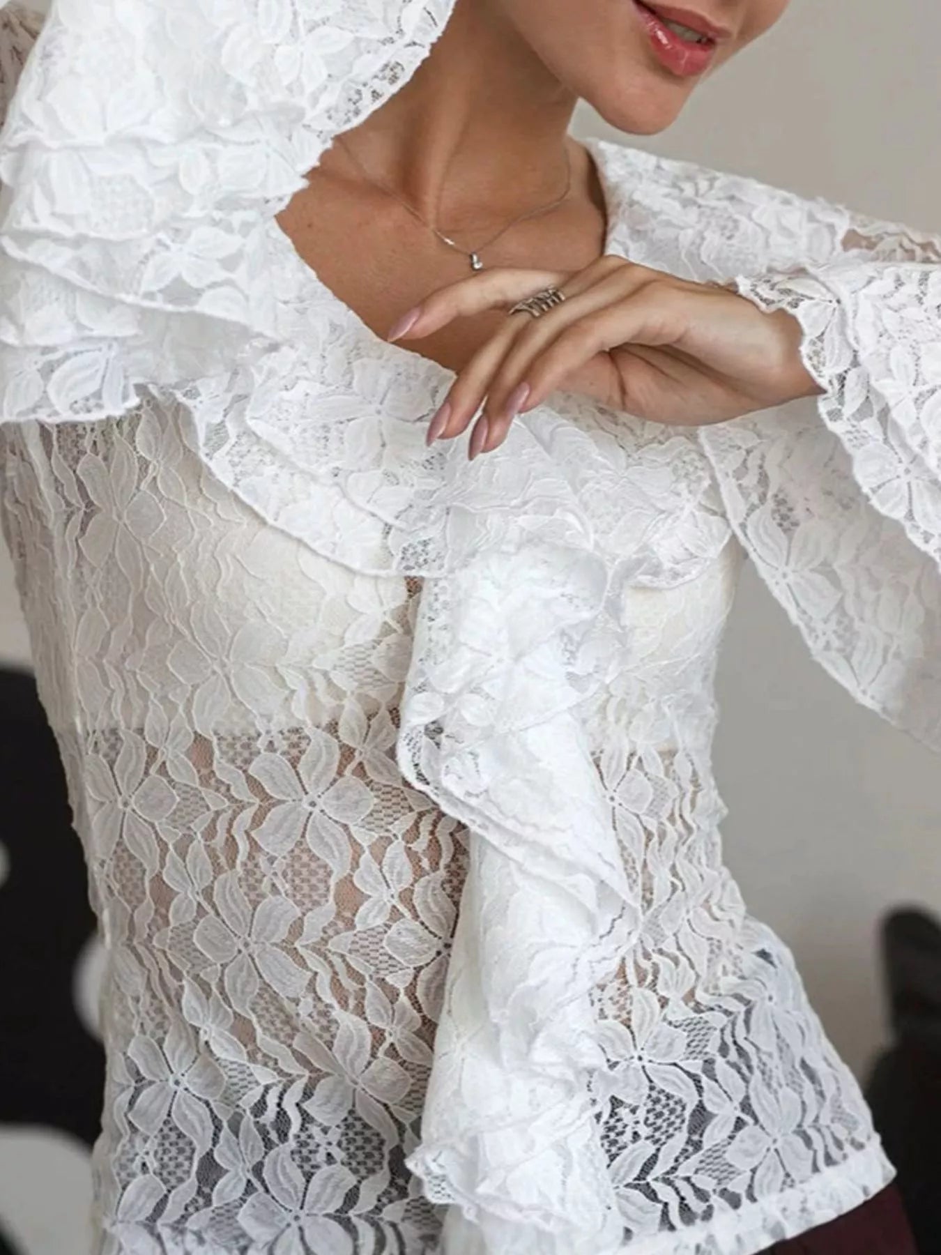 Trendsi Lace V-Neck Flare Sleeve Blouse -